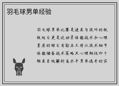 羽毛球男单经验