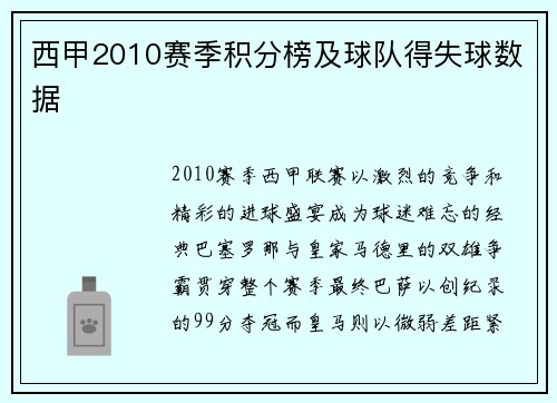 西甲2010赛季积分榜及球队得失球数据